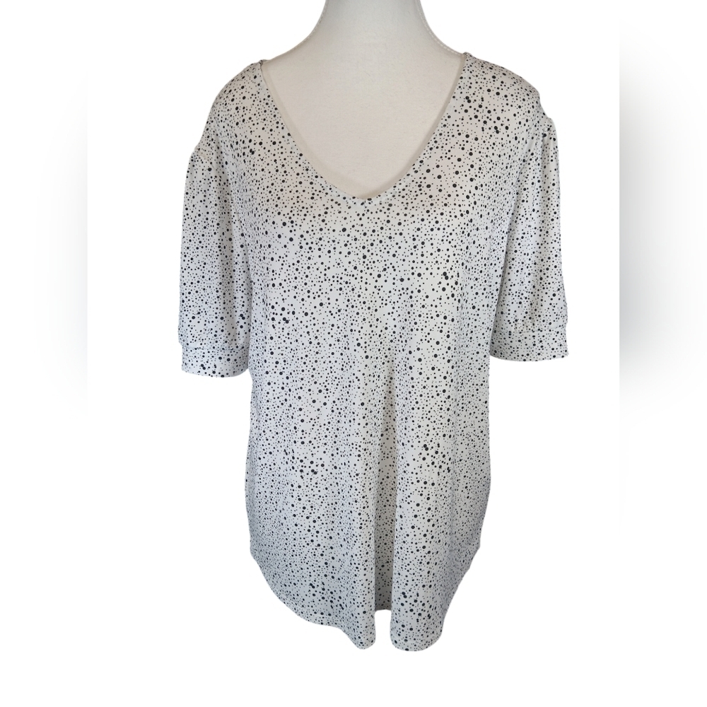 Adrianna Papell Blouse XL Woman’s Size L White Black Polka Dot Short Sleeve